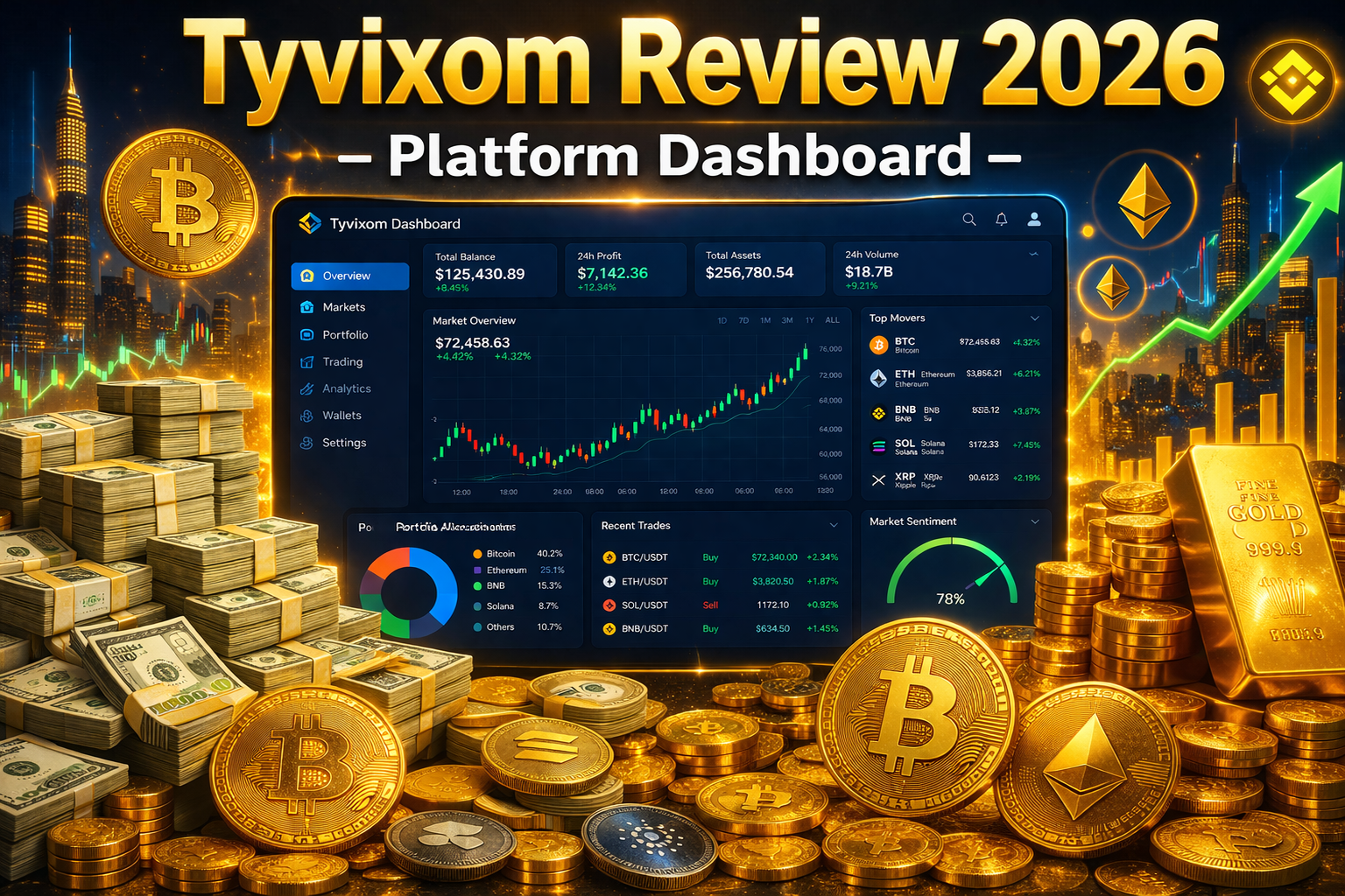 Tyvixom Review 2026 - AI Trading Platform Dashboard showing Bitcoin, Ethereum trading stats